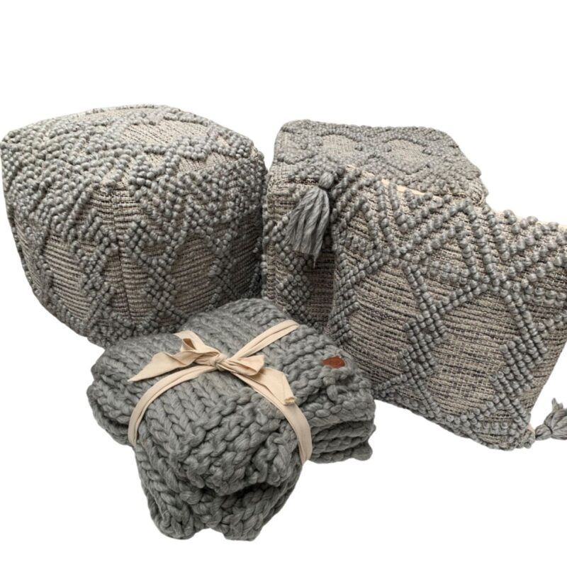 Zitzak beanbag lichtgrijs, grof geweven wol, 40x40x40 cm, groepsfoto