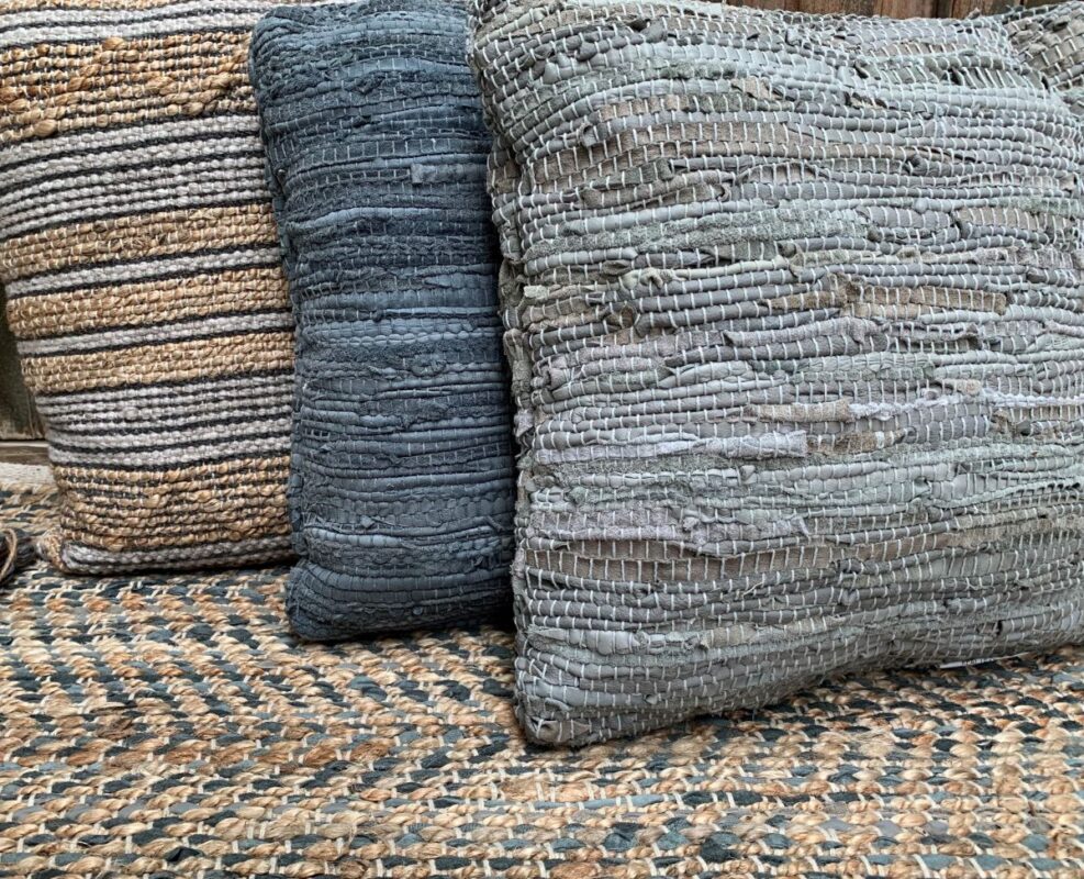 Vloerkleed jute en gerecycled leer, grijs naturel, 200x300 cm, sfeerfoto